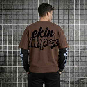 Men Oversized Long Sleeve T-<b>Shirt</b> Streetwear <b>Flame</b> Patchwork Sleeve Brown Black Hip Hop Baggy Heavyweight Cotton Tee 2027 - Product Image 4