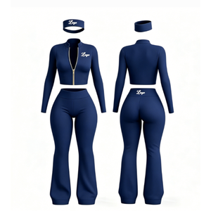 Custom Logo Plus Size Women's Winter Tracksuit Set Mock Neck Full <b>Zip</b> <b>Up</b> Fitted <b>Crop</b> Jacket Bootcut Flare Pants 2 Piece Slim Fit - Product Image 6