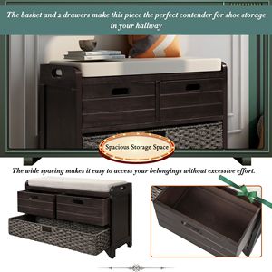 Fully Assembled Shoe <b>Storage</b> Bench with Removable Cushion and 2 Drawers Includes Removable <b>Basket</b> - Product Image 4