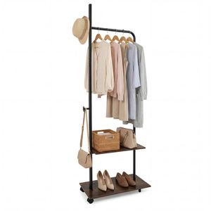 Appendiabiti Industriale Autoportante con 2 Ripiani in Legno e Ganci per Camera da Letto, Ingresso o Negozio di Abbigliamento - Product Image 1