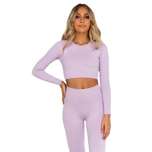 Ensemble tricoté 2 pièces pour femme : haut court à manches longues et leggings longs, couleur unie, col rond, coupe ajustée, respirant - Product Image 1