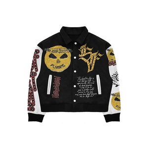 OEM Custom Logo Embroidery Retro Letterman Woolen Bomber Jacket Men's Baseball Varsity Jacket Leather Sleeves Button <b>Winter</b> Wear - Product Image 2