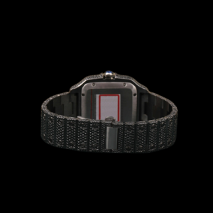 Reloj de pulsera de diseñador con esfera cuadrada totalmente engastada en diamantes de moissanita, bisel cuadrado con incrustaciones de diamantes negros y números romanos. - Product Image 3