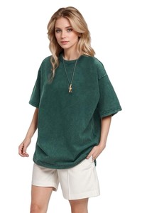 Camiseta de Algodón Lavado Oversize para Mujer, Cuello Redondo, Corte Holgado, Color Liso, Manga Corta, Transpirable, Tejido de Punto, Estilo para Todas las Estaciones - Product Image 4