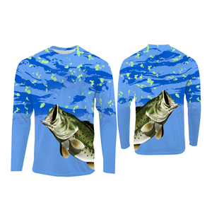 Camisa de Pesca de Manga Larga para Hombre, Diseño de Lubina con Estampado por Sublimación, UPF 50, Anti-UV, Patrón Azul Verde, Ropa para Exteriores - Product Image 1