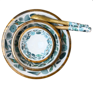 Bols de service en bois naturel de style bohème avec motif imprimé en émail, faits à la main, pour les collations, les pâtes, la présentation des aliments, ou comme cadeau. - Product Image 3