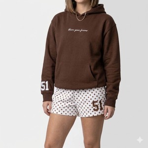 Women <b>2</b>-<b>Piece</b> <b>Set</b> Brown Hoodie With "Have Your Fores" Print <b>White</b> Polka Dot Shorts Size 51 Casual Loose Fit Spring Summer Wear - Product Image 1