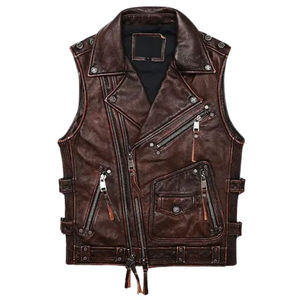 Gilet de moto en cuir véritable pour homme, design à revers avec fermeture éclair diagonale, sans manches, en cuir de vachette, service OEM, respirant - Product Image 5