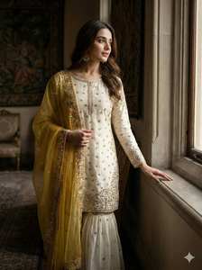 ชุดกางาร่าผ้าไหมดีไซเนอร์ Fendy สำหรับผู้หญิง – ชุดซัลวาร์ คามีซปักลายหนักประดับเลื่อม พร้อมผ้าคลุมไหล่เน็ต สำหรับงานแต่งงาน - Product Image 3