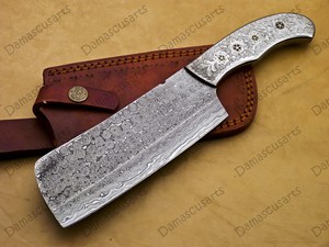 Cuchillo de carnicero de acero de Damasco hecho a mano con funda de cuero |   Cuchillo de Carnicero Forjado de Alta Resistencia, Cuchillo Tracker OEM para Bricolaje - Product Image 5
