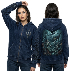 Sweat-shirt à capuche zippé gris anthracite délavé personnalisé pour femme, motif Death Club Grave, style streetwear vieilli, vintage, coupe oversize - Product Image 2