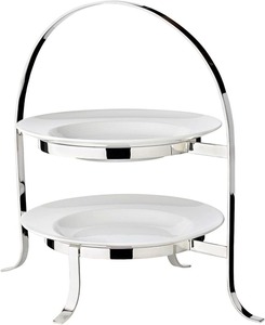 Soporte de Servicio de 2 Niveles con Marco de Metal Plateado y Platos Blancos, Estante Moderno para Alimentos, Soporte Decorativo de Metal para Cocina - Product Image 1
