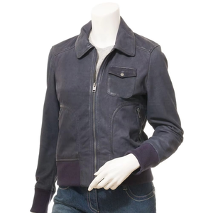 Blouson bomber en cuir PU bleu foncé pour femme, fermeture éclair intégrale, col rabattable, coupe-vent, style automne - Product Image 1