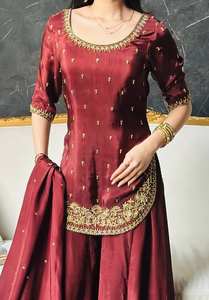 Conjunto de Kurta/Pantalón/Dupatta de Seda Romana para Mujer, con Bordado, de Secado Rápido, Estilo Moderno, para Bodas/Fiestas/Diwali - Product Image 2