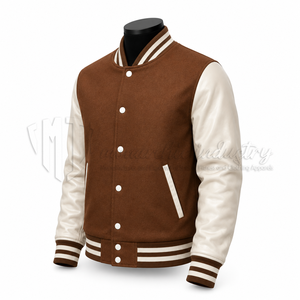 Chaqueta Varsity Personalizada de Lana Marrón con Mangas de Cuero PU Blanco, Resistente al Viento, Ecológica, Unisex, Diseño Invernal, Fabricante Mayorista OEM - Product Image 3