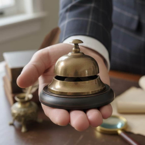 Sonnette de service en bronze avec base en bois foncé, sonnette de réception classique à bouton-poussoir, sonnette de comptoir pour hôtel, restaurant - Product Image 2