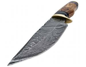 Cuchillo utilitario de hoja curva de acero de Damasco hecho a mano, mango de madera de Bocote, guardacuchillo de latón, herramienta de campo - Product Image 4