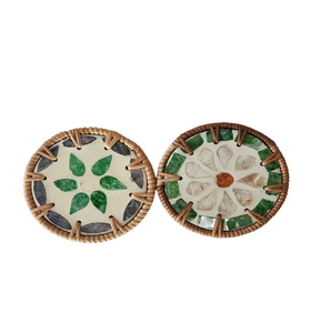 Rattan Mother Of Pearl Coaster Table Mats For Coffee Tea Drinks Decorative <b>Placemat</b> Set With Floral Mosaic Design Bohemian - Product Image 2