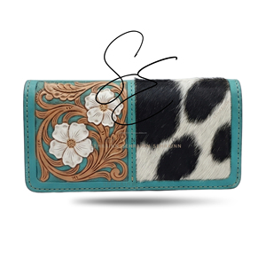 Long Women <b>Tooled</b> Wallet Genuine <b>Leather</b> Hair On Hide Open Closure Card Sleeve Slim Wallet Cowgirl Western Turquoise Purse - Product Image 1