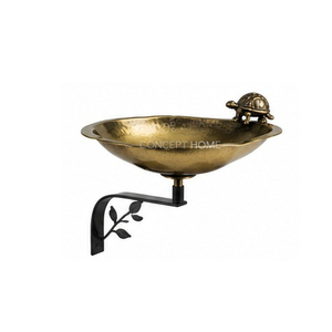 Bain d'oiseaux mural avec ornement tortue, en métal poli, décoration de jardin, utilisation extérieure, forme irrégulière, style vintage - Product Image 1