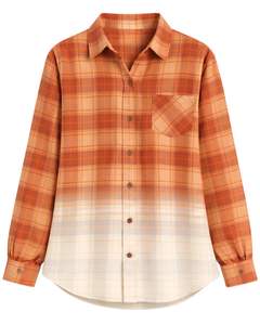 Camisa de Franela a Cuadros Degradado Naranja Óxido Personalizada para Mujer, Manga Larga, Abotonada, Informal, Mezcla de Algodón, Top de Otoño Invierno - Product Image 1