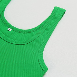 Women Green Ribbed Breathable Scoop Neck <b>Crop</b> Tank <b>Top</b> Casual Knitted Sleeveless Solid Color Short Length 92% Polyester - Product Image 2