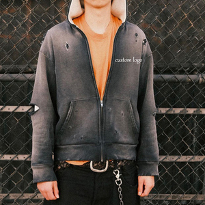 Sudadera con capucha para hombre, 100% algodón, con cremallera, lavado ácido, efecto desgastado, de alto gramaje, con logotipo personalizado, oversize, tallas grandes, de fabricante - Product Image 1