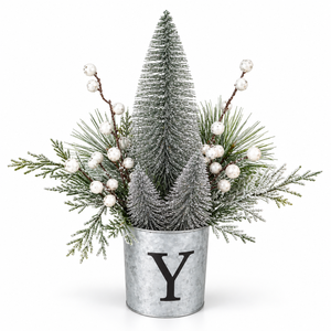 Petefloral Handmade Artificial Christmas Centerpiece Silver Flocked <b>Trees</b> Pinecones in Galvanized Letter Y Pot - Product Image 3