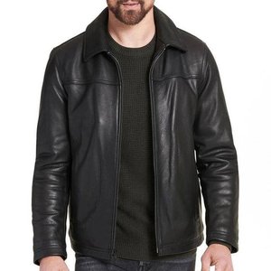 Chaqueta de Motociclista Impermeable de Piel de Oveja Negra para Hombre, Cierre de Cremallera, Corte Ajustado, Manga Regular, Sin Cuello, Ropa de Invierno - Product Image 1