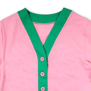 Cardigan tricoté rose pour femmes, col en V, manches longues, bordure verte contrastée, haut décontracté toutes saisons - Product Image 3