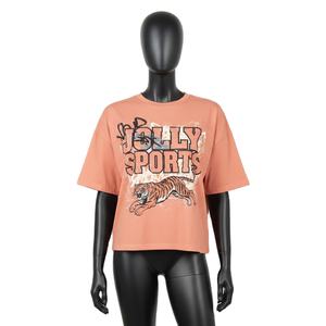 เสื้อครอปท็อปผู้หญิง ผ้าคอตตอนเจอร์ซีย์พรีเมียม GSM สีพีช พิมพ์ลายสกรีนโลโก้ตามสั่ง ระบายอากาศได้ดี เสื้อครอปท็อปผู้หญิง - Product Image 1