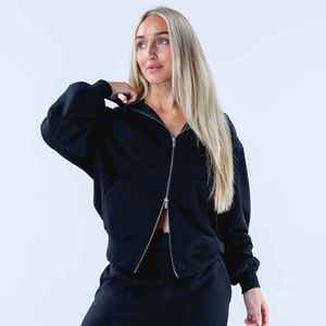 <b>Women's</b> Black Zipper-Up Cropped <b>Sweatshirt</b> Full Sleeve Solid Color Knitted Cotton Autumn Wear <b>V</b>-<b>Neck</b> Breathable Style - Product Image 1