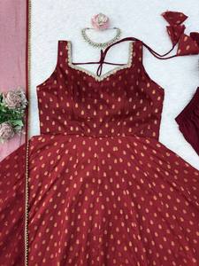 Designer Maroon Banarasi Anarkali <b>Suit</b> with Net Dupatta Luxury Festive Ethnic Gown Set <b>for</b> <b>Women</b> <b>Wedding</b> Party Wear - Product Image 5