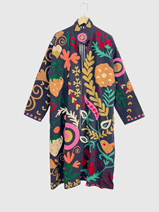 Floral Pattern Long Coat Plus Size Women'<b>s</b> Velvet Jacket Mandarin Collar Full Sleeve Hand Embroidered Winter Wear - Product Image 1
