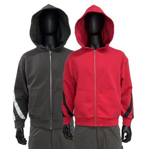 เสื้อฮู้ดดี้ผู้ชายทรงโอเวอร์ไซส์ ผ้าเฟรนช์เทอร์รี่ ซักย้อมสีแบบแอซิดวอช แต่งลายทาง ซิปหน้า สไตล์สตรีทแวร์ รุ่นคัสตอมเฮฟวี่เวท แบบครอป - Product Image 2