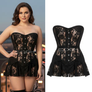 Mini-robe corset gothique noire sans bretelles en dentelle et résille, avec baleines en acier - Product Image 6
