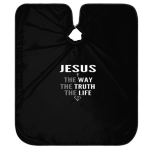 Capa de Peluquería Negra Impermeable de PVC y Poliéster con Diseño de Jesús, el Camino, la Verdad y la Vida - Product Image 1