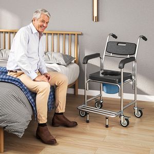 Chaise roulante médicale 3-en-1 noire pour transport accessible, équipement de sécurité pour salle de bain - Chaise de douche et fauteuil roulant - Product Image 2