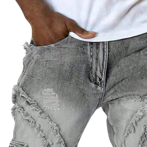Vaqueros de mezclilla para hombre, gris, con lavado efecto nieve, desgastados, de pierna recta, apilados, rasgados y deshilachados, estilo casual urbano, corte relajado - Product Image 3