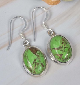 Pendientes Colgantes Hechos a Mano de Plata de Ley 925 con Turquesa Verde Cobre, Joyería de Piedras Preciosas Ovaladas para Mujer - Product Image 3