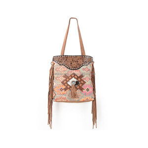 Top Trendy Hand Tooled Leather <b>Tote</b> Handbag With Handblocked Rug and Leather Fringes Top Indian Manufacturer & Supplier - Product Image 4