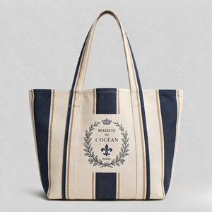 Sac fourre-tout en toile de coton French Crest, écologique, crème et bleu marine rayé, grande capacité, sac à main vintage de luxe pour femmes - Product Image 2