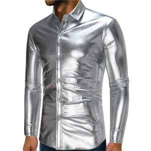 Men's Black PU Leather Long Sleeve Dress <b>Shirt</b> Solid Color Turn-down Collar Formal Style Autumn Wear - Product Image 4