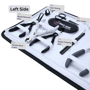 Kit d'outils professionnels pour extensions de cheveux, comprenant des pinces pour extensions à micro-perles, des pinces pour extensions à bandes adhésives, un coupe-adhésif et des pinces de coiffage. - Product Image 3