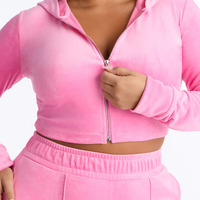 Ensemble deux pièces en velours rose pour femme, broderie personnalisée de luxe, haut court zippé et pantalon évasé, tenue de sport en velours