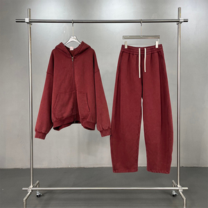 Acid Washed Oversized Zip-Up Hoodie Tracksuit Set Heavyweight Fleece Vintage Plain <b>Men</b> Sweatsuit Wholesale - Product Image 4