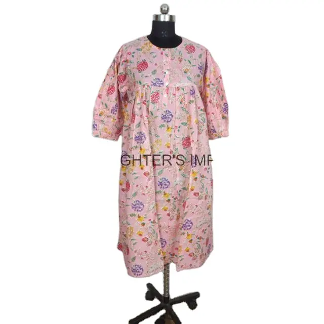 Bio-Baumwolle Damenkleid Handblockdruck Damenkleid indische handgemachte Tunika-Kleid Partykleidung leichtes Bequemkleid
