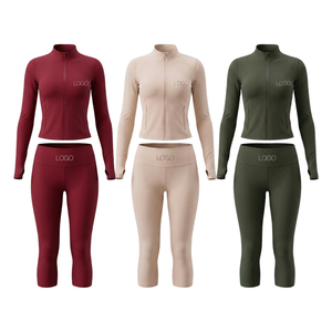 Custom Logo Women's 2 Piece <b>Set</b> Full Zip Long Sleeve Jacket with Pockets Holes High Waist Leggings OEM Tracksuit - Product Image 1