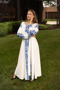 Robe Formelle Traditionnelle Bohème Décontractée d'Été pour Femme, en Satin Blanc Brodé de Fleurs, Col en V, Manches Longues, Longueur Genou - Product Image 2