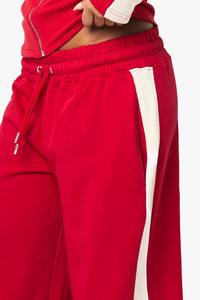 Top Trending <b>Women's</b> <b>Red</b> Wide Leg Sweatpants Mid Waist Drawstring Loose Fit Full Length Casual Knitted Cotton Pants With Side - Product Image 4